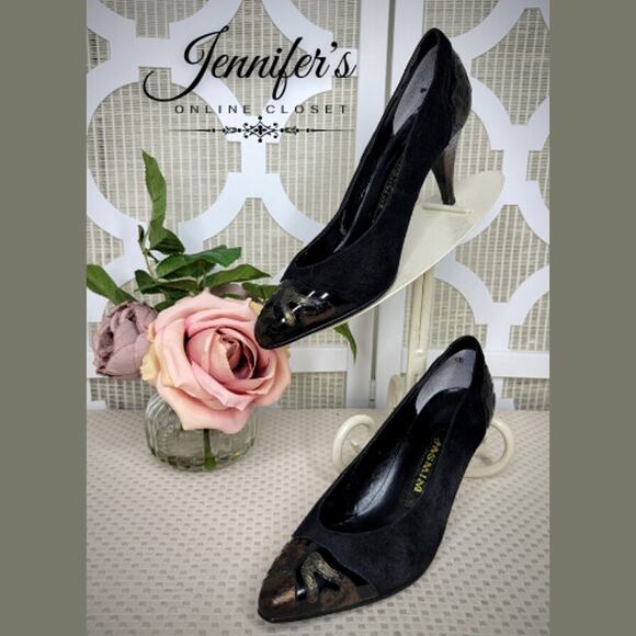 Jasmin Vintage Women's Black Suede and Snakeskin Heels Size 6B - Picture 1 of 13